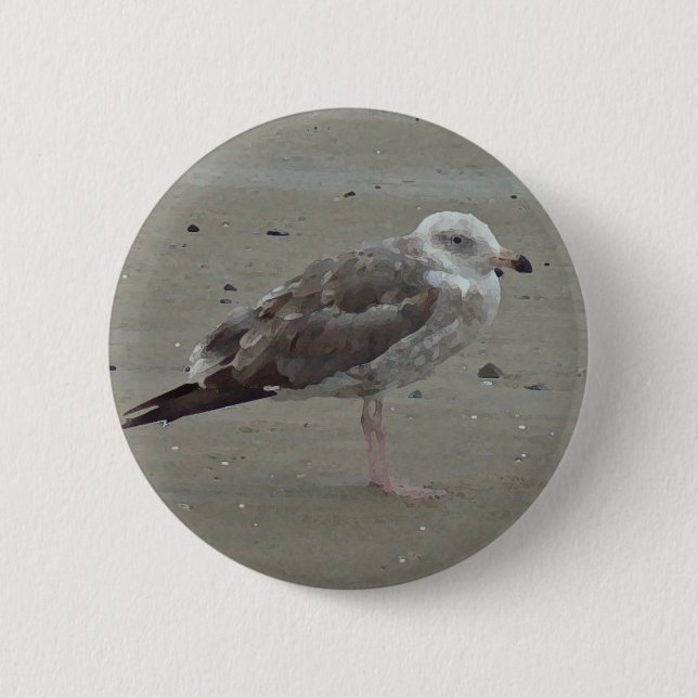 Unique Seagull Stands Alone on Sand Ocean Bird Button (Front)
