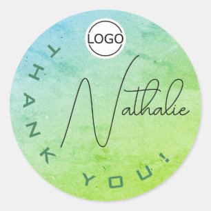 Unique Signature Watercolor Ombre Thank You Logo Classic Round Sticker