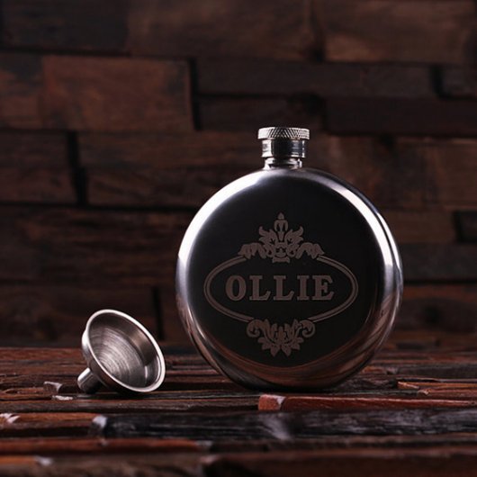 Unique Silver Engraved Round 5 oz. Steel Hip Flask (Front)