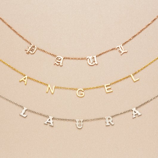 Unique Silver or Gold Letter Name Necklace (Front)
