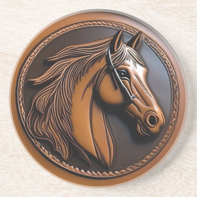 Unique Simulated Tooled Leather Horse Head Stone  Coaster (Front)
