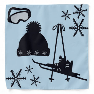 Unique ski & winter designs in black on blue  bandana