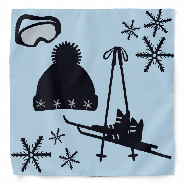 Unique ski & winter designs in black on blue  bandana (Front)