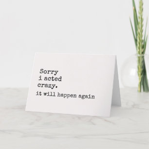 unique sorry card, sorry i acted crazy, apology letterpress thank you card