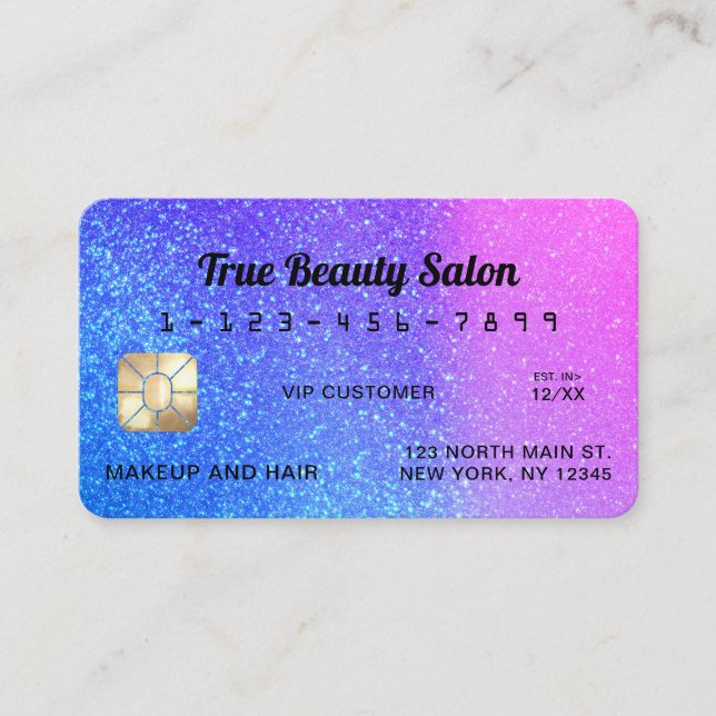 Unique Sparkly Blue Pink Glitter Credit Card (Front)