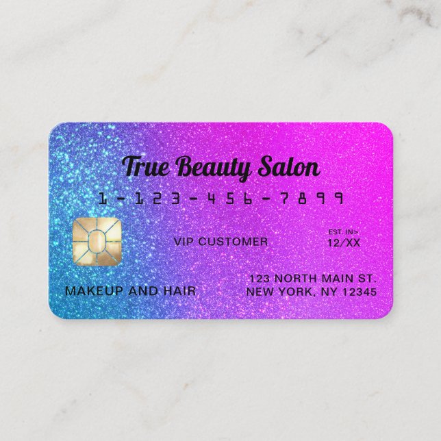 Unique Sparkly Magenta Blue Glitter Credit Card (Front)