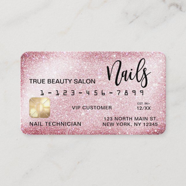 Unique Sparkly Pink Glitter Credit Card Nail Tech (Front)
