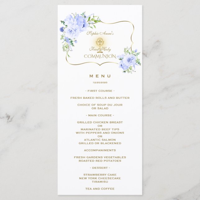 Unique Spring Blue Floral Gold Holy Communion Menu (Front)