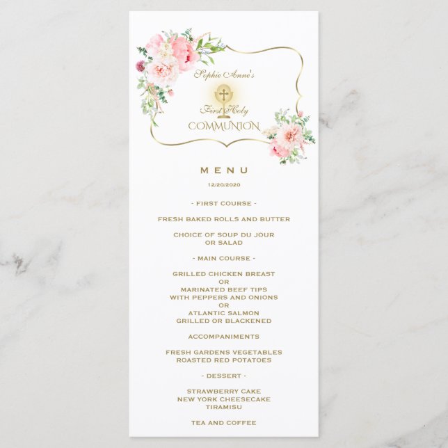 Unique Spring Blush Floral Gold Holy Communion Menu (Front)