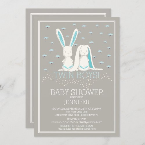 Unique Spring TWIN Boys Bunny Baby Shower Invitation