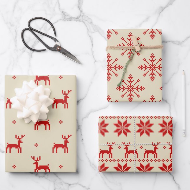 Unique Stitched Modern Christmas Holiday Wrapping Paper Sheets (Front)