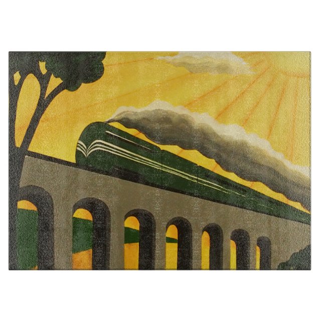 Unique stylish Art Deco Train Glass chopping board (Front)