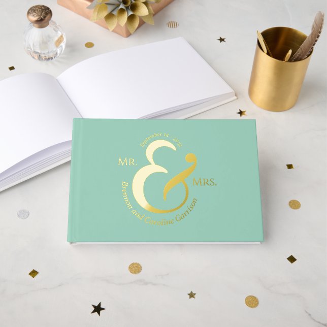 Unique Stylish Bride Groom Names Gold Foil Guest Book (Front Open)