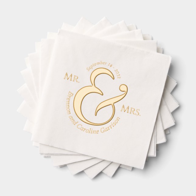 Unique Stylish Bride Groom Names Gold Foil Napkins (Insitu (Stacked))