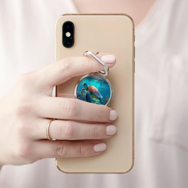 Unique Stylish Custom Ocean Turtle Graphic Phone Ring Stand (In Situ)