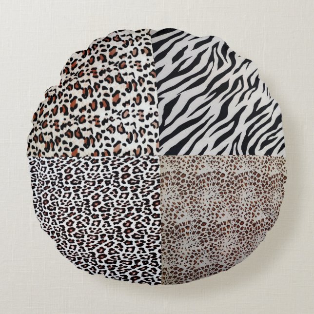 Unique Stylish Mixed Leopard Zebra Animal Print Round Pillow (Front)