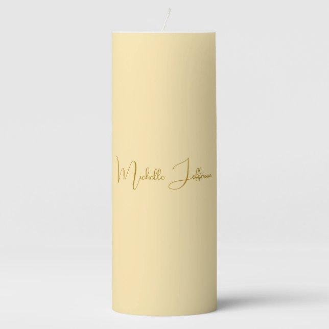 Unique Stylish Modern Plain Calligraphy Gold Color Pillar Candle (Front)