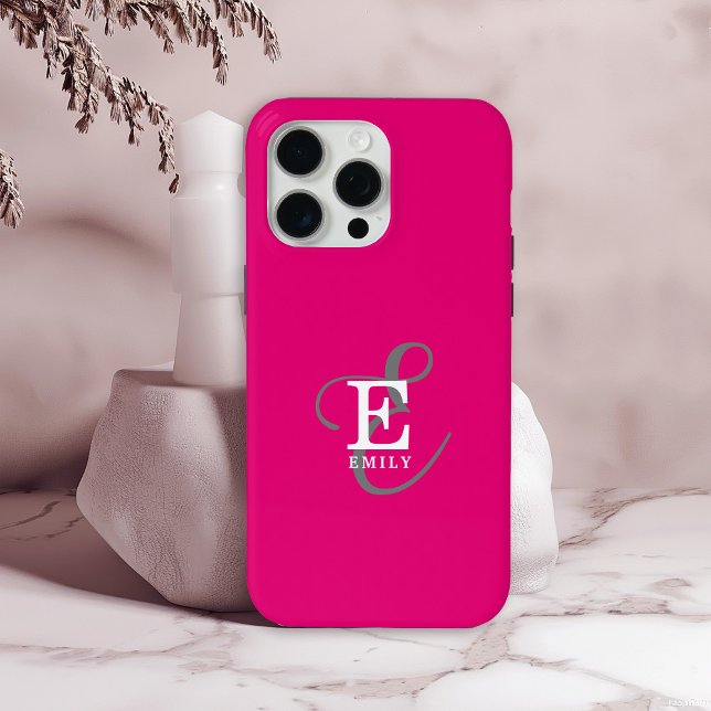 Unique Stylish Monogram Typography Hot Pink Case-Mate iPhone Case (Personalize with your name and monogram initial.)