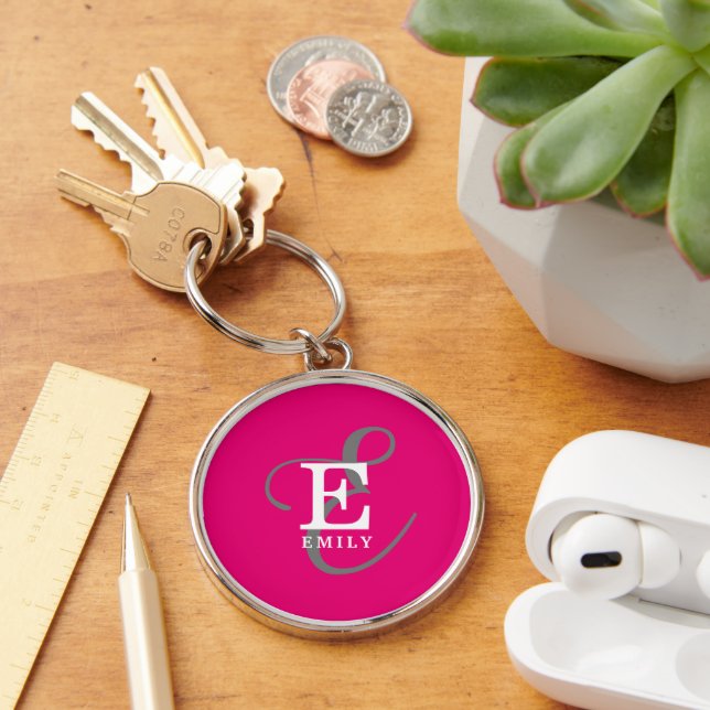 Unique Stylish Monogram Typography Hot Pink Keychain (Desk)