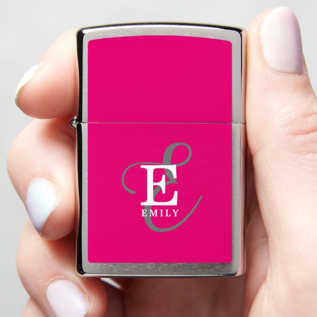 Unique Stylish Monogram Typography Hot Pink Zippo Lighter (In Hand)