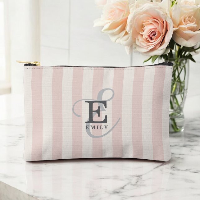 Unique Stylish Monogram Typography Pink Stripes Accessory Pouch (Personalize with your monogram initial and name.)