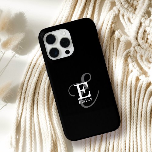 Unique Stylish Name and Monogram Typography Black iPhone 15 Pro Max Case