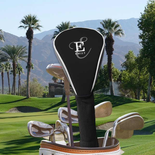 Unique Stylish Name and Monogram Typography Black Golf Head Cover (Personalize with your name and monogram initial.)