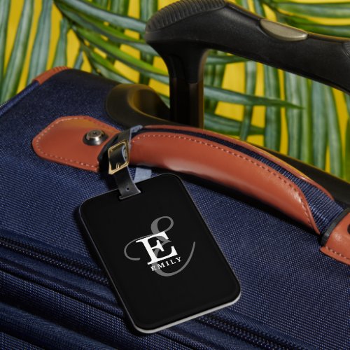 Unique Stylish Name and Monogram Typography Black Luggage Tag