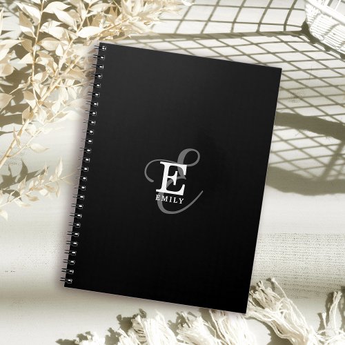 Unique Stylish Name and Monogram Typography Black Notebook