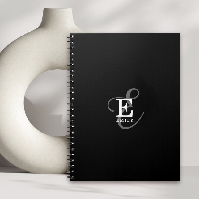 Unique Stylish Name and Monogram Typography Black Notebook (Personalize with your name and monogram initial.)