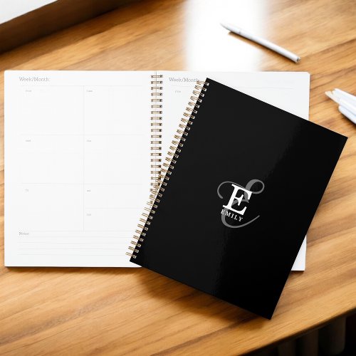 Unique Stylish Name and Monogram Typography Black Planner