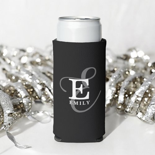 Unique Stylish Name and Monogram Typography Black Seltzer Can Cooler