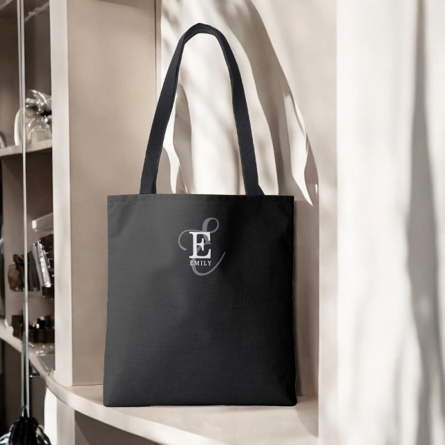 Unique Stylish Name and Monogram Typography Black Tote Bag (Personalize with your monogram initial and name.)