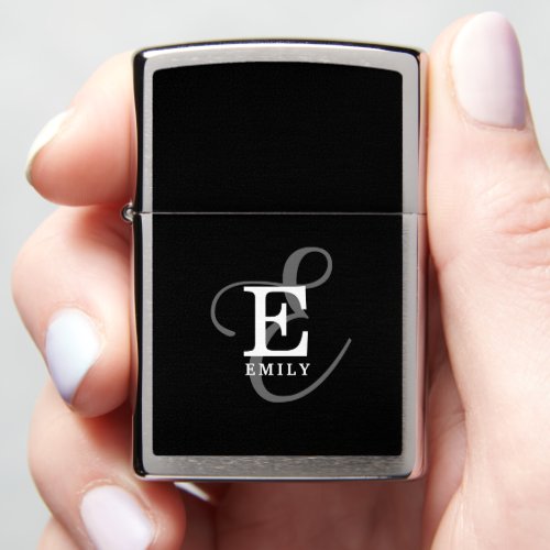 Unique Stylish Name and Monogram Typography Black Zippo Lighter