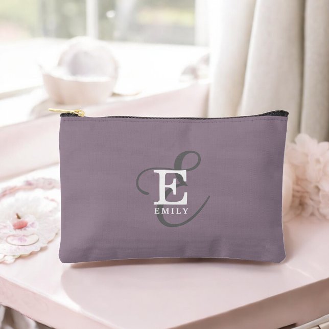 Unique Stylish Name and Monogram Typography Purple Accessory Pouch (Personalize with your name and monogram initial.)
