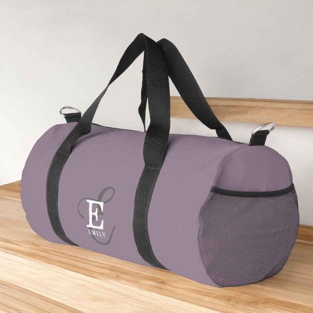 Unique Stylish Name and Monogram Typography Purple Duffle Bag (Personalize with your name and monogram initial.)