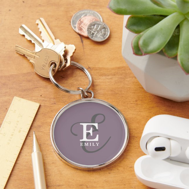 Unique Stylish Name and Monogram Typography Purple Keychain (Desk)