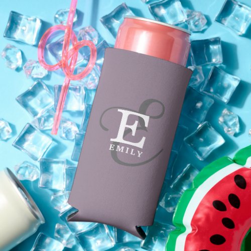 Unique Stylish Name and Monogram Typography Purple Seltzer Can Cooler