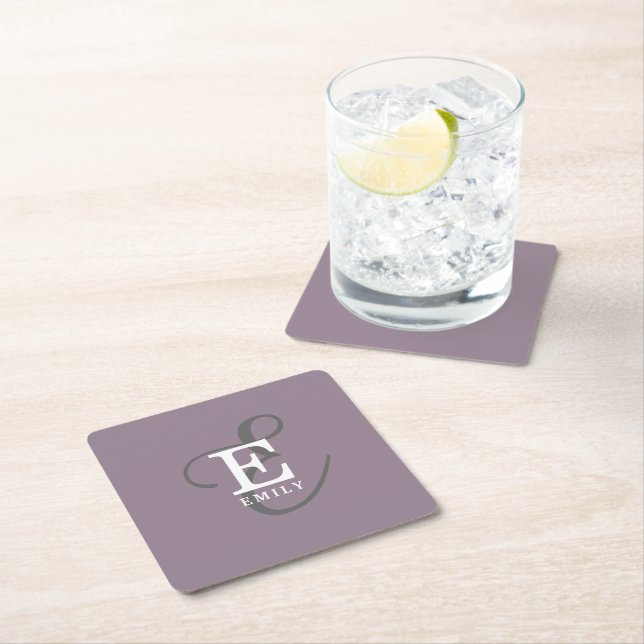 Unique Stylish Name and Monogram Typography Purple Square Paper Coaster (Insitu)