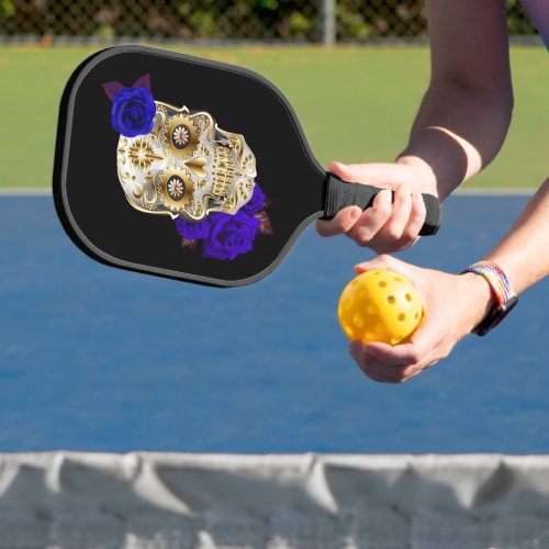 Unique Sugar Skull Day Of The Dead Blue Roses Pickleball Paddle