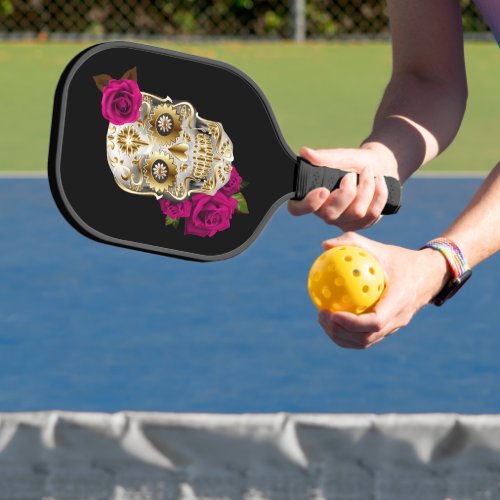 Unique Sugar Skull Day Of The Dead Pink Roses Pickleball Paddle