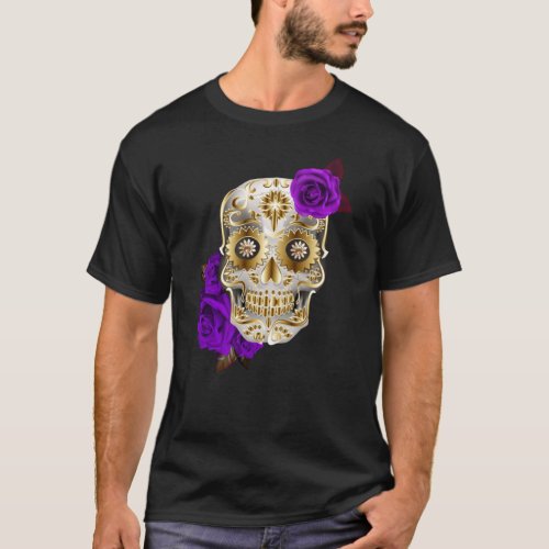 Unique Sugar Skull Day Of The Dead Purple Roses T_Shirt