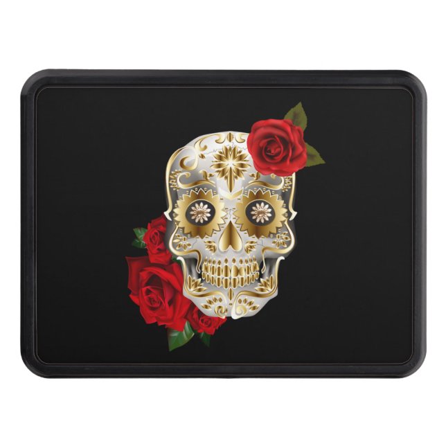 Unique Sugar Skull Day Of The Dead Red Roses Hitch Cover (Front)