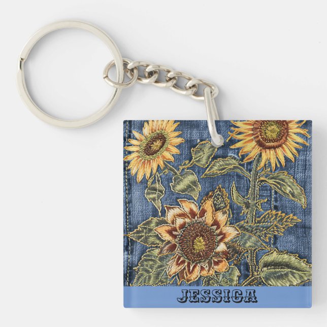 Unique Sunflowers on Denim Keychain (Front)