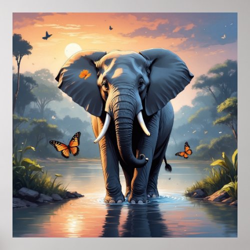 Unique Sunset Elephant with Butterflies in River Poster