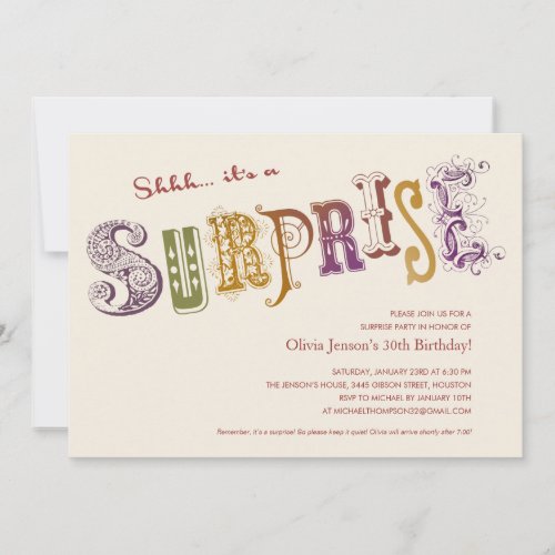 Unique Surprise Party Invitations - Unique surprise party invitations that reads "Shhh... it's a SURPRISE". Customize the text to fit any type of surprise party. 
 


