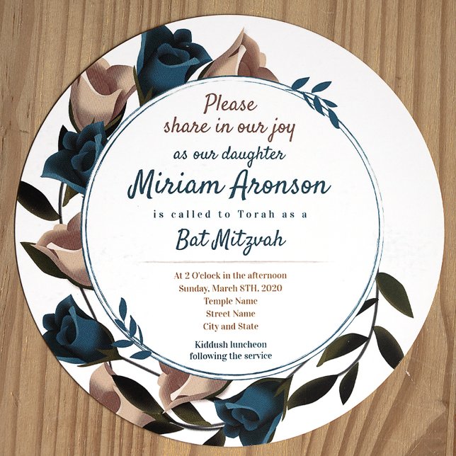 Unique Teal Beige Roses Bat Mitzvah Invitation (Unique round bat mitzvah invitation with teal and beige roses around border)