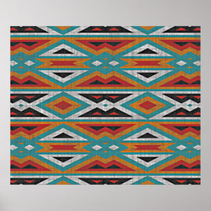 Unique Teal Blue Red Orange Tribal Mosaic Poster