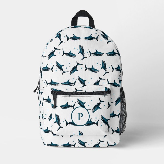 Unique Teal Shark Pattern Printed Backpack (Front)