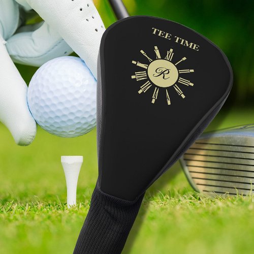 Unique Tee Time Clock Monogram Black Gold Golf Head Cover